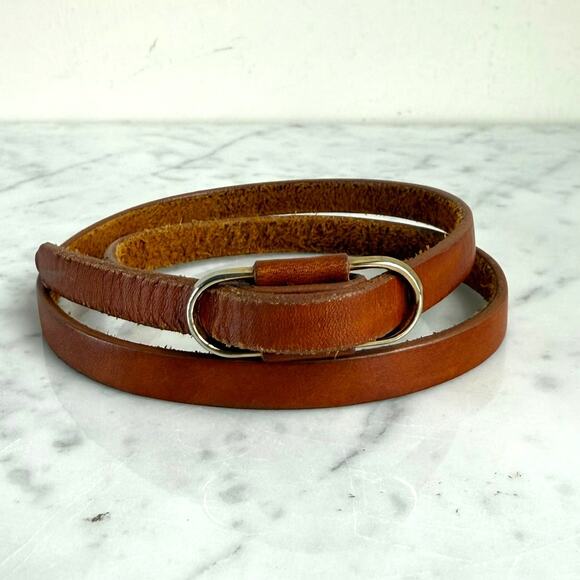 Vintage Brown Leather Belt – Minimal Oval Brass Buckle 70s 80s - Picture 1 of 8